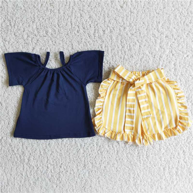 girls outfits navy top & yellow stripes shorts sets summer kids clothes