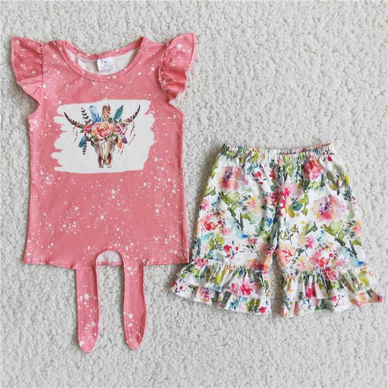 girls outfits cow t-shirt & floral shorts sets summer kids clothes