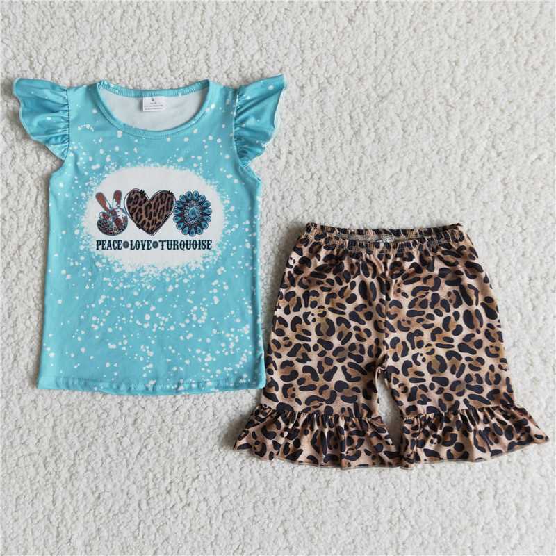 girls outfits peace love yurquoise t-shirt & leopard shorts sets summer kids clothes