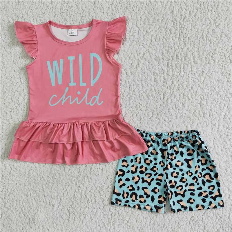 girls outfits wild child top & leoprad shorts sets summer kids clothes