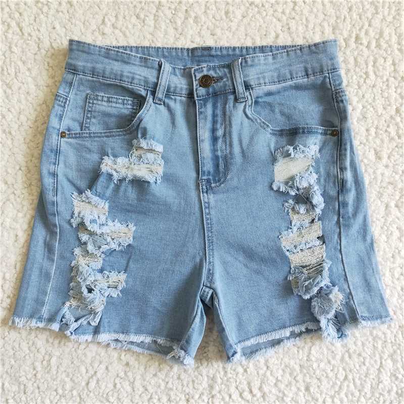4.9SS0026 Adult women's distressed button denim shorts