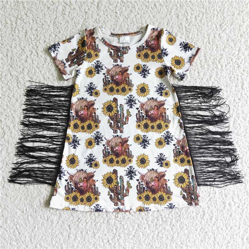 tassel girls dress sunflower highland cow kids skirts children's clothes