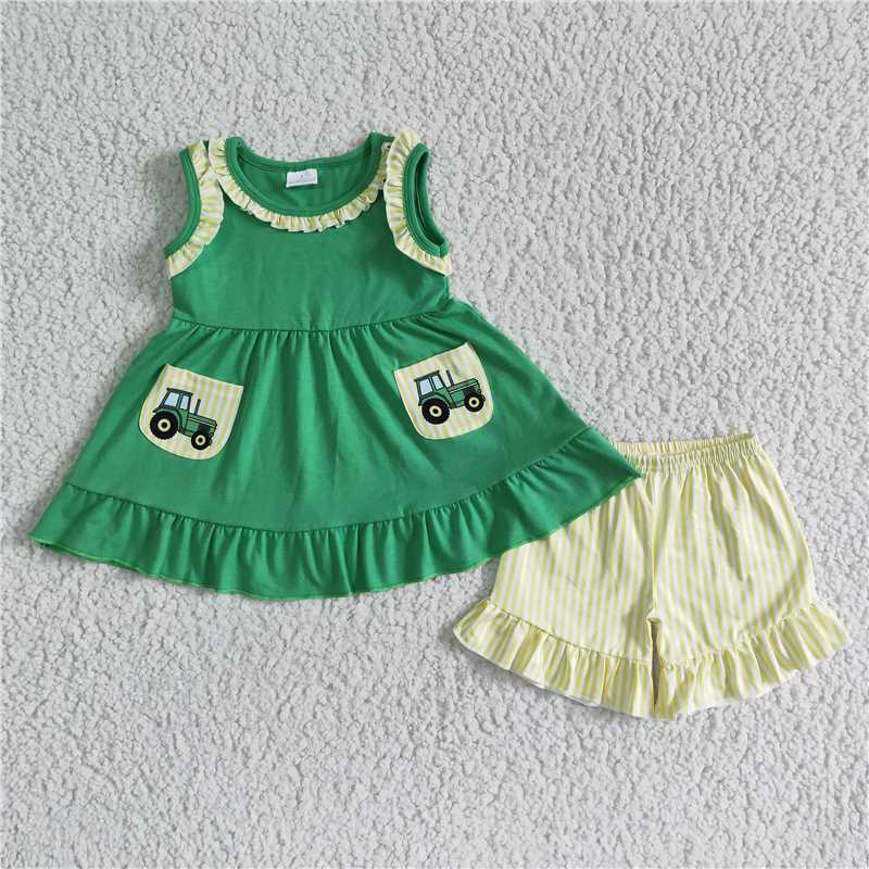 GSSO0097 Girls Green Car Pocket Sleeveless Yellow Lace Shorts Suit