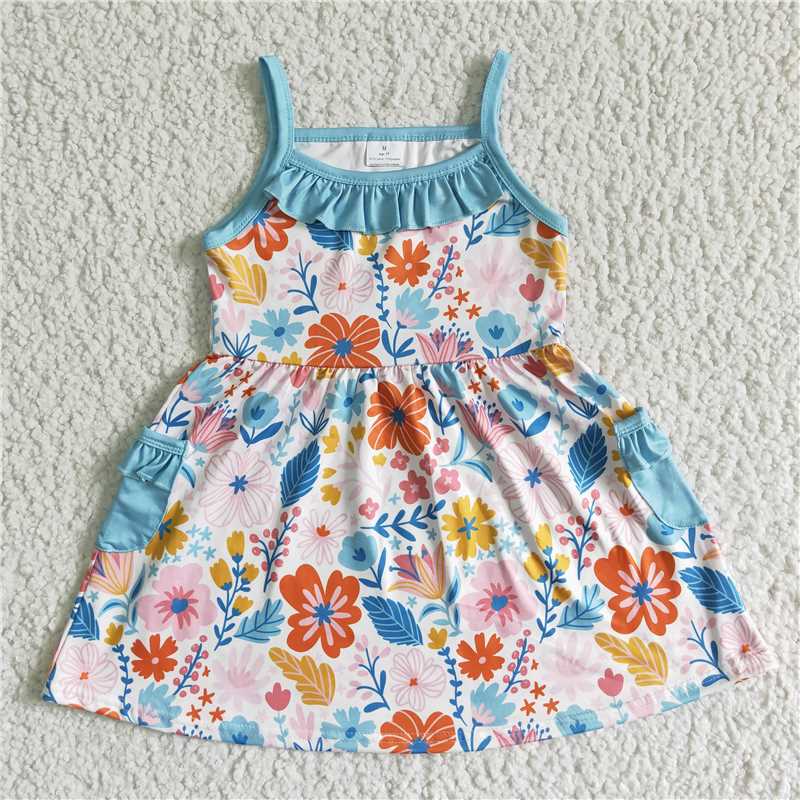 sleeveless floral girls dress summer flower skirt with pockets