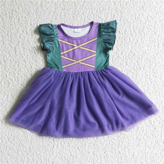 GSD0129 Dark purple mesh green flying sleeve dress