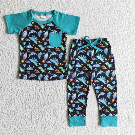 BSPO0024 Boys Dinosaur Rocket Pocket Short Sleeve Long Pants Set