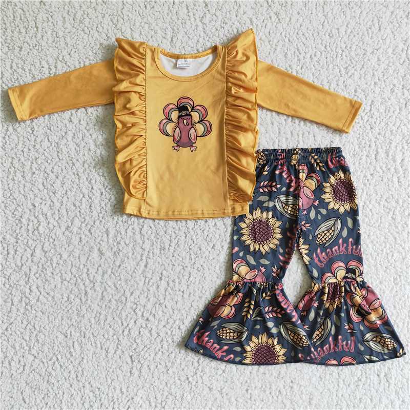 Thanksgiving turkey girls sets long sleeve top & pants 2 pieces outfits