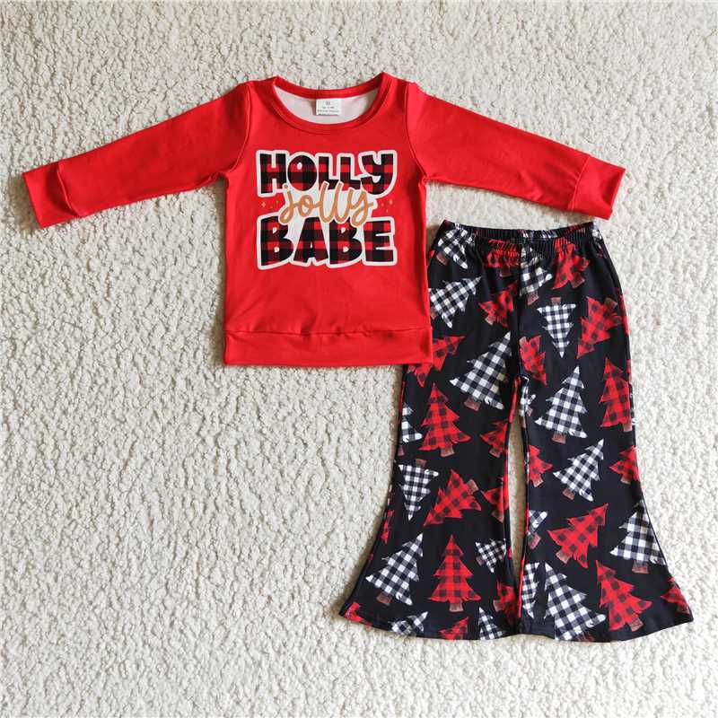 holly babe christmas tree sets t-shirt & bell kids clothing girls outfits