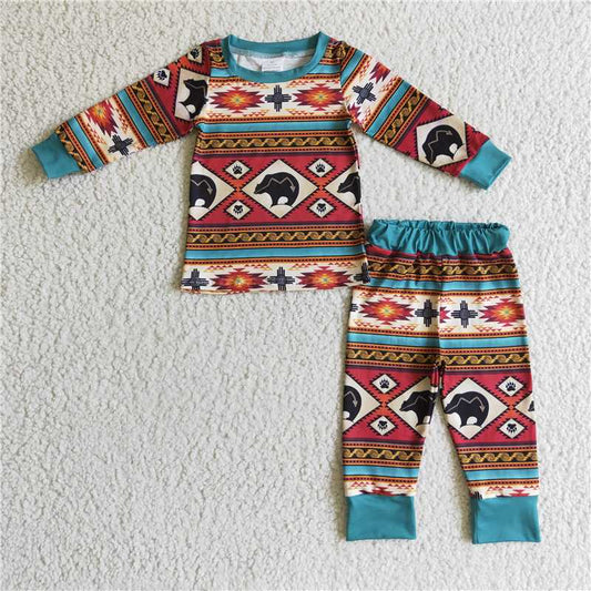 BLP0100 Boys bear geometric brown long sleeve pants suit