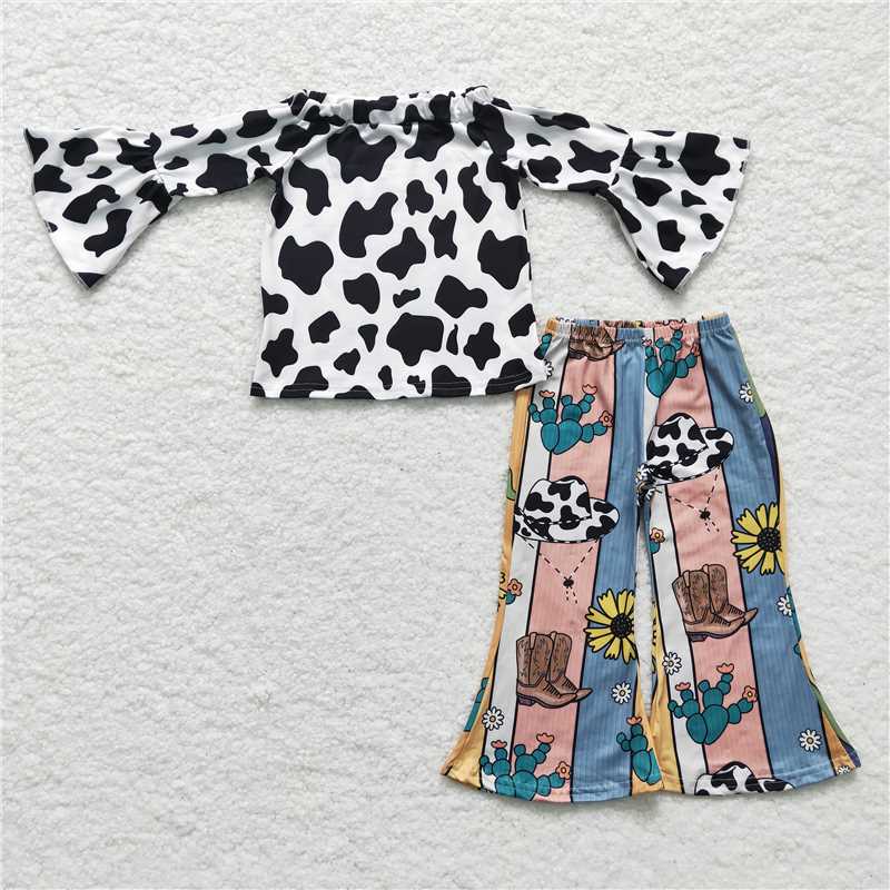 GLP0375 Girls cow print boots sunflower long sleeve pants suit