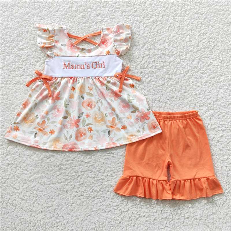 summer girls outfits embroidery mama's girl floral top & shorts kids clothes