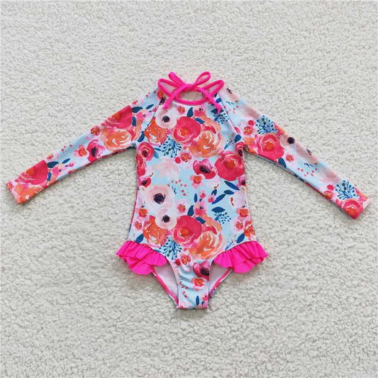 S0083 Rose flower long-sleeved one-piece swimsuit