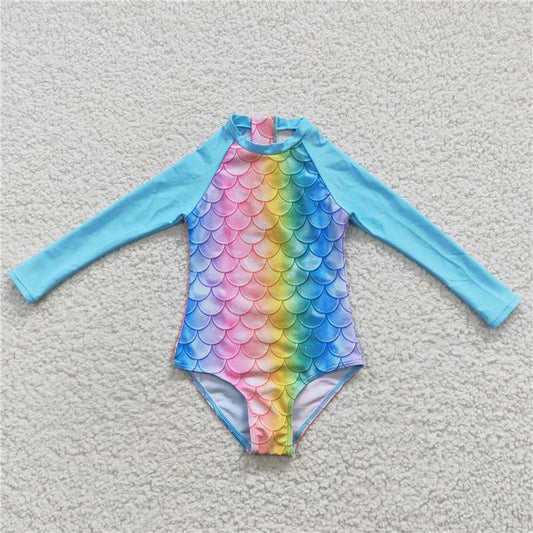 S0075 Colorful fish scale blue long-sleeved one-piece swimsuit