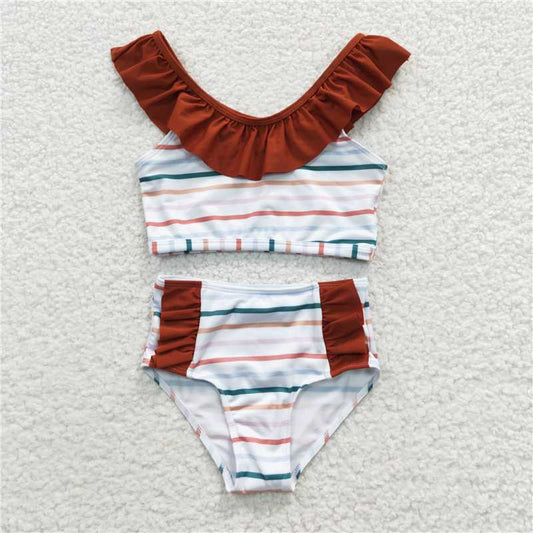 S0082 Color striped brown swimsuit set