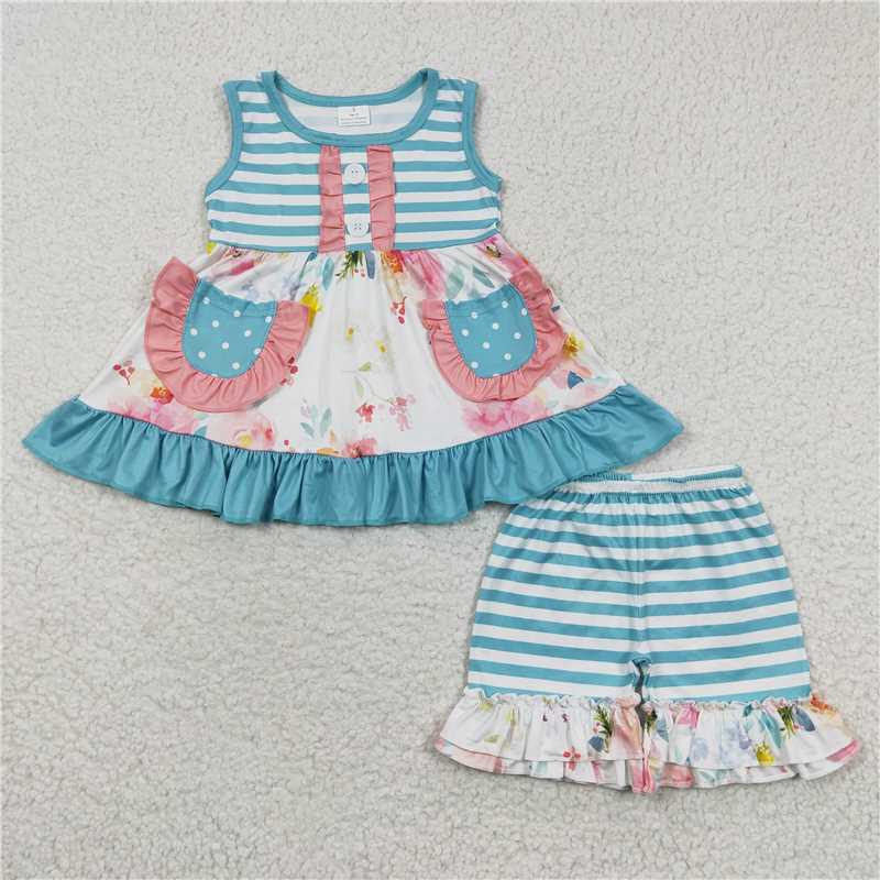 floral girls outfits summer sets pockets tops & shorts kids clothes