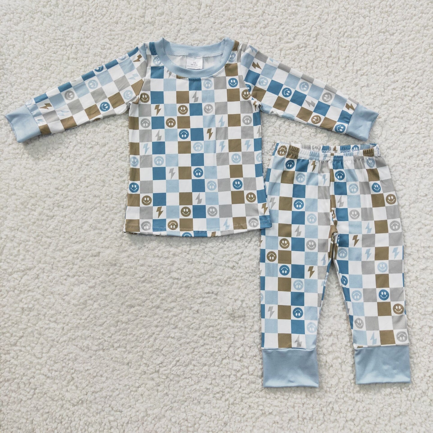 smiley face Plaid kids pajamas fall spring outfits children's clothes