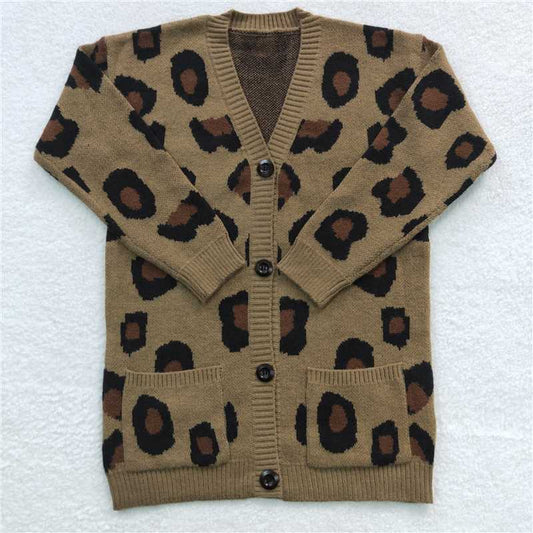 Leopard sweater with pockets long sleeve cardigan kids clothes