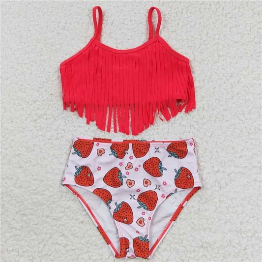 S0142 Strawberry red fringed swimsuit set