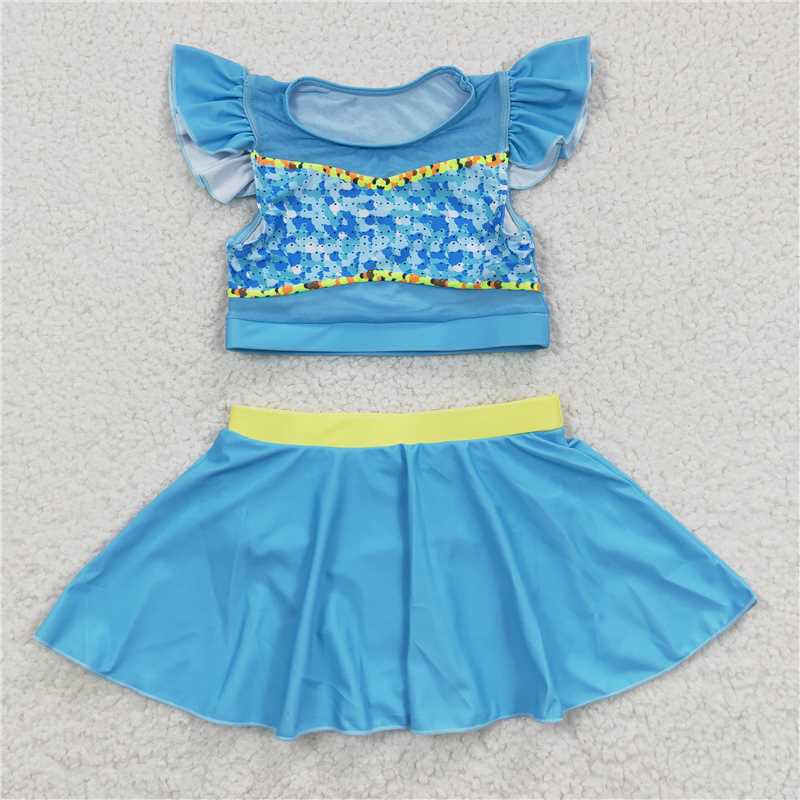 S0148 Blue sequin tulle skirt swimsuit set