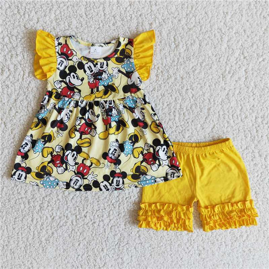 girls outfits summer sets cartoon mouse tops & yellow shorts kids clothes