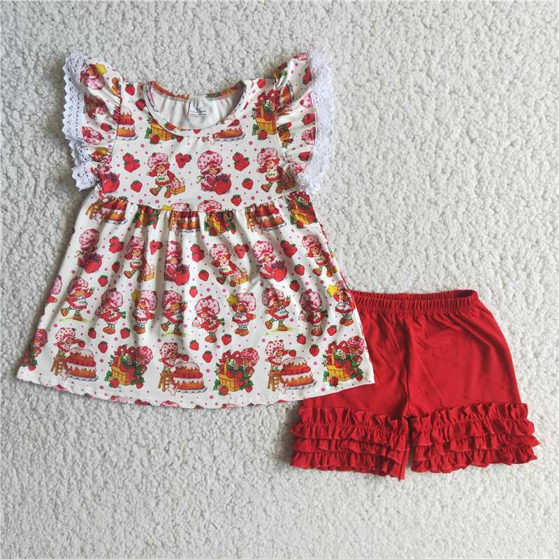 girls outfits summer sets strawberry princess tops & red shorts kids clothes