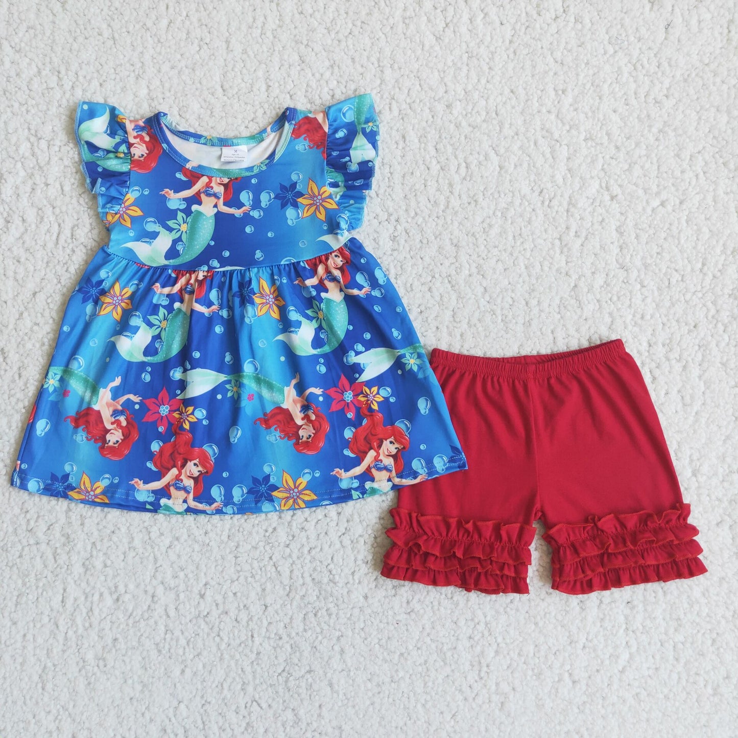 girls outfits summer sets Mermaid princess tops & red shorts kids clothes