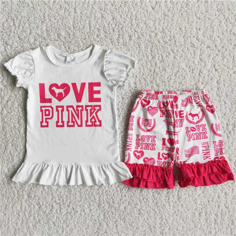 summer girls outfits love pink tops & shorts kids clothes