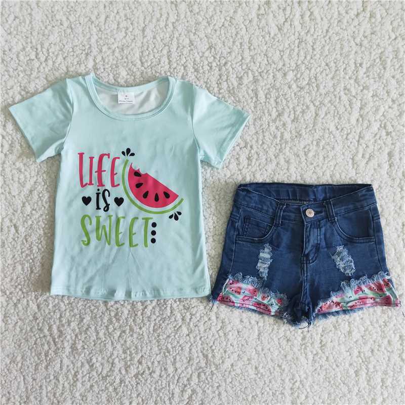 B3-21 Girls short sleeve watermelon short denim shorts suit