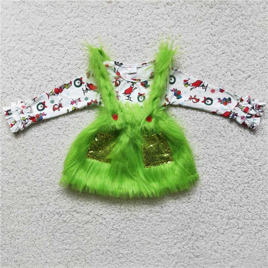 christmas grinch t-shirt & half sequins pockets fuzzy dress girls outfits overalls skirt suits