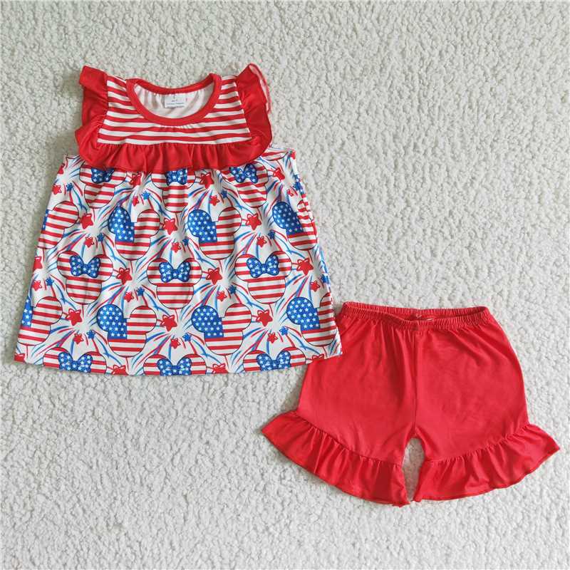 July 4th cartoon girls shorts sets summer kids clothes