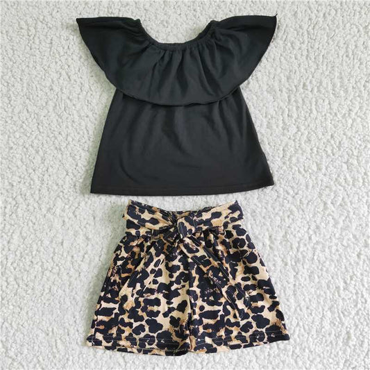 summer girls outfits black tops & leopard shorts kids clothes