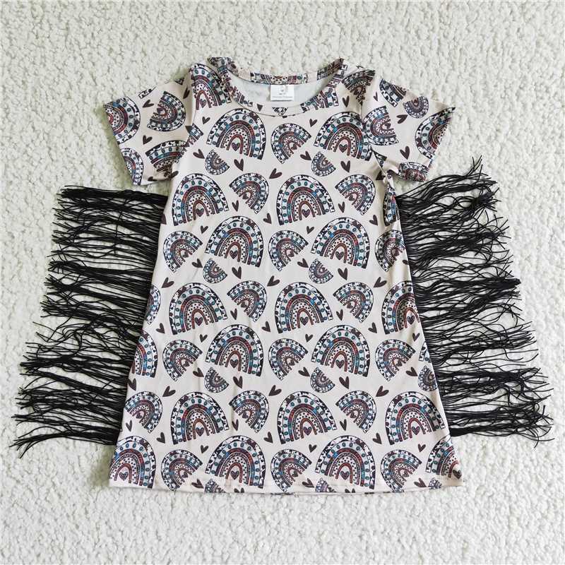 GSD0101 Leopard print rainbow heart tassel short sleeve dress