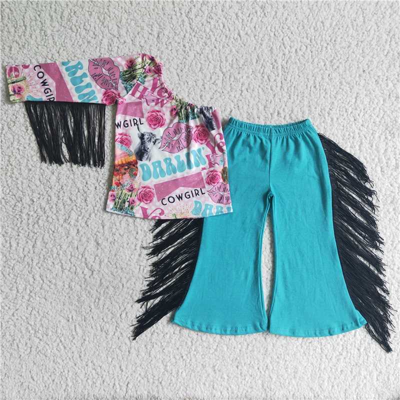 GSPO0141 Girls COWGIRL fringed one-sleeve trousers suit