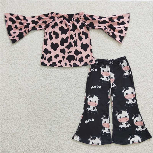 GLP0376 Girls MOOO pink cow pattern long-sleeved trousers suit