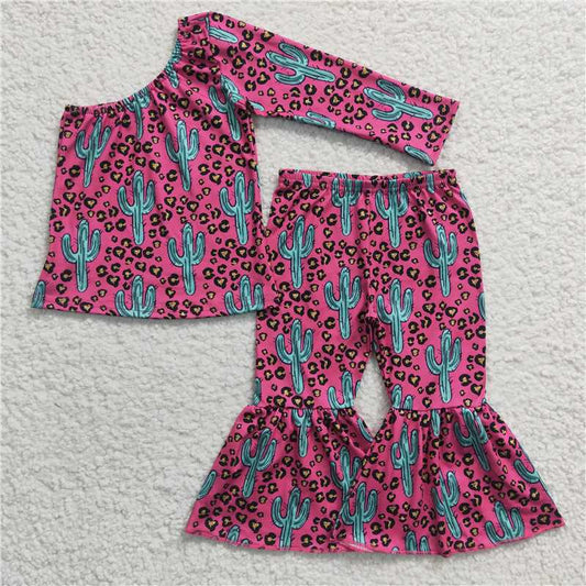 GLP0413 Girls' Cactus Rose Red Leopard Print Single-Sided Long Sleeve Pants Set