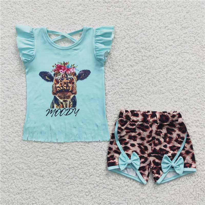 summer girls outfits cow moody tops & leopard shorts kids clothes