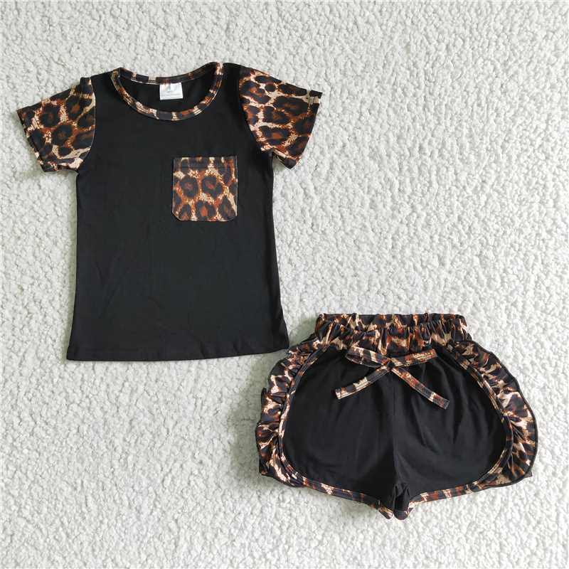 summer girls outfits leopard pocket tops & shorts kids clothes