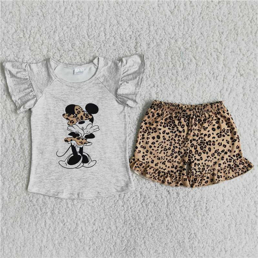 girls outfits cartoon mouse & leopard shorts sets summer kids clothes