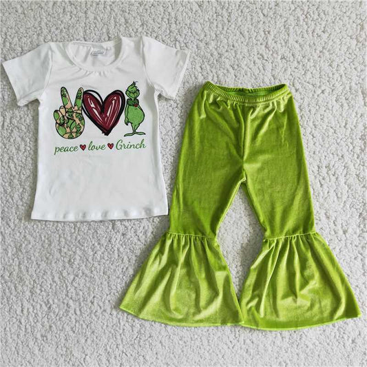 christmas clothes t-shirt & velet pants grinch kids clothing girls outfits