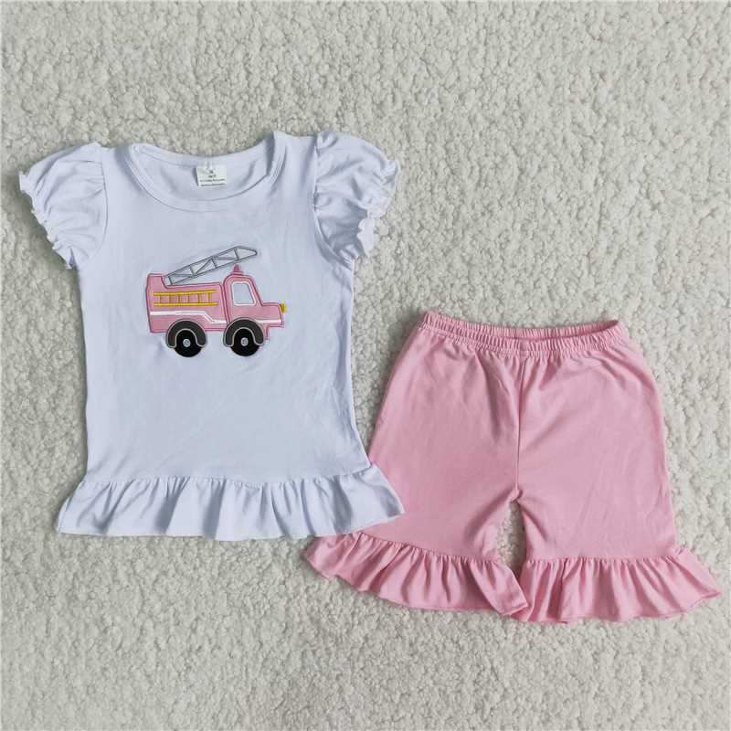 girls summer sets Embroidered fire trunk shirt & shorts outfits