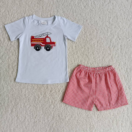 B3-13 Embroidered fire truck cotton top plaid pants for boys