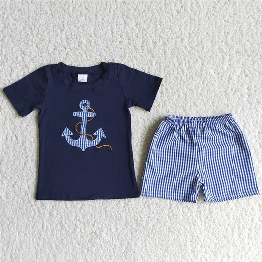 D12-17 Spear embroidery blue checkered seersucker shorts