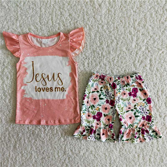 summer girls outfits jesus loves me tops & floral shorts kids clothes