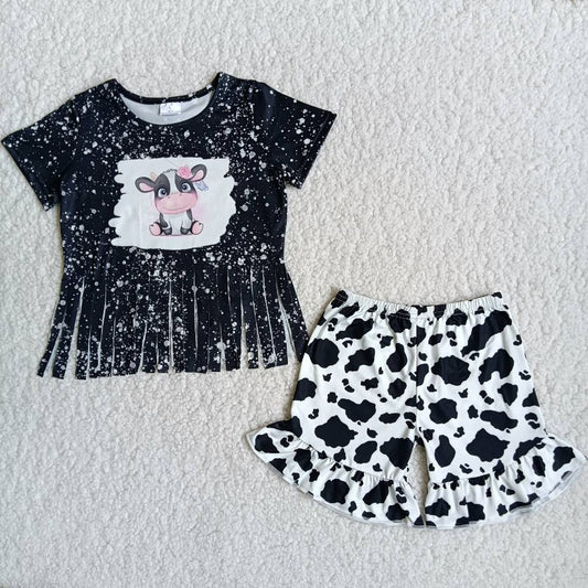 summer girls outfits cow tassel tops & shorts kids clothes