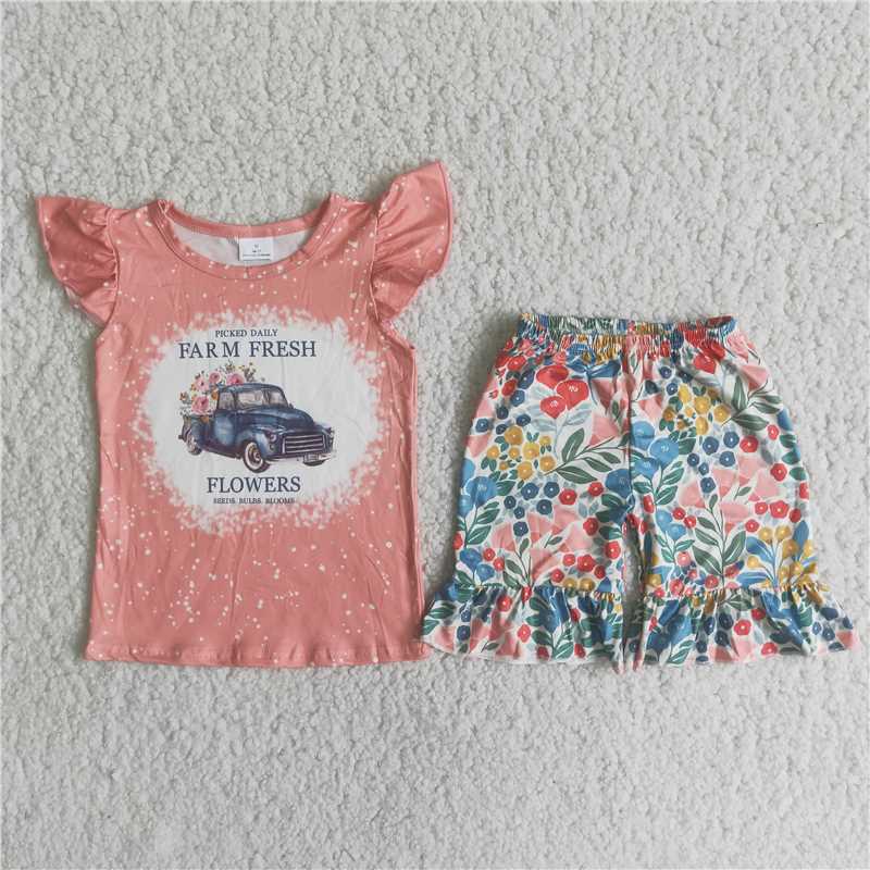 hello summer girls outfits farm fresh tops & flower shorts kids clothes