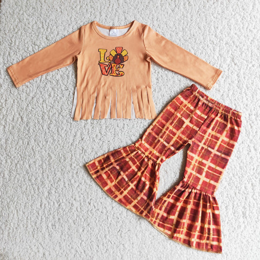 Thanksgiving turkey girls sets long sleeve top & pants 2 pieces outfits