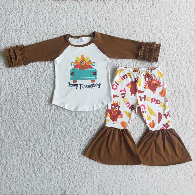 Thanksgiving turkey girls sets long sleeve top & pants 2 pieces outfits