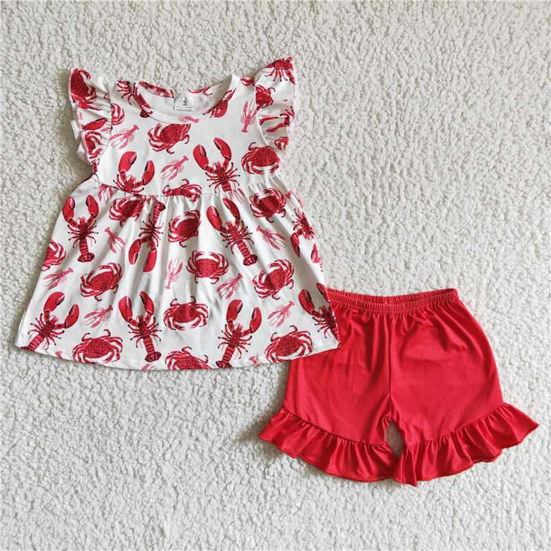 hello summer girls outfits lobster tops & red shorts kids clothes