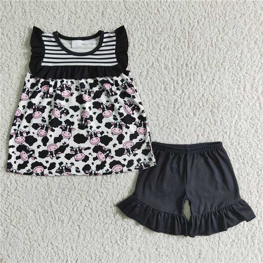 summer girls outfits cow tops & black shorts kids clothes