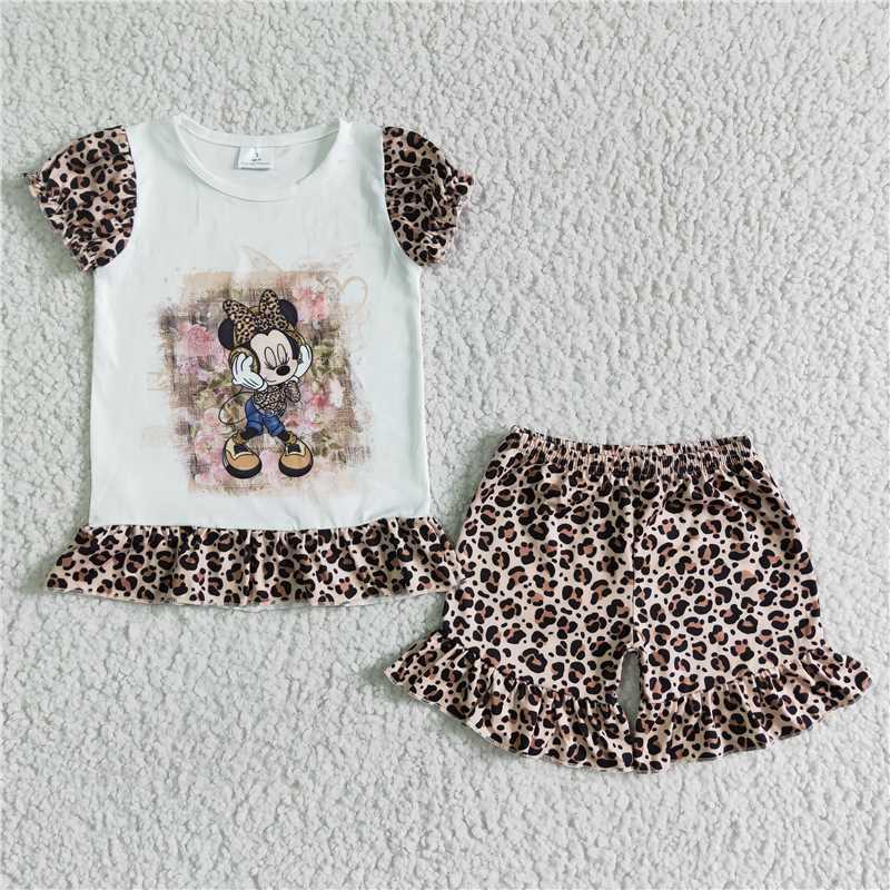 girls outfits cartoon mouse & leopard shorts sets summer kids clothes